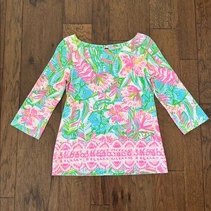 Lilly Pulitzer Waverly All That She Wants Top 3/4 Sleeve Stretch Boat Neck XS